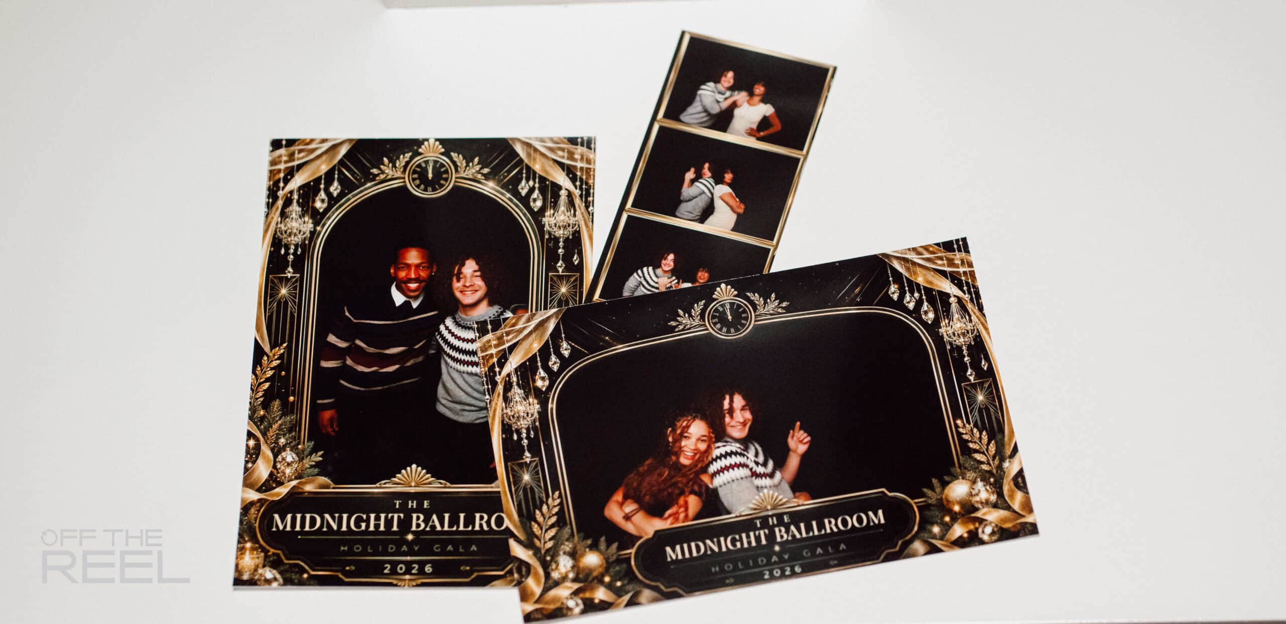 Dark photo prints with gold framing from corporate party photo booth