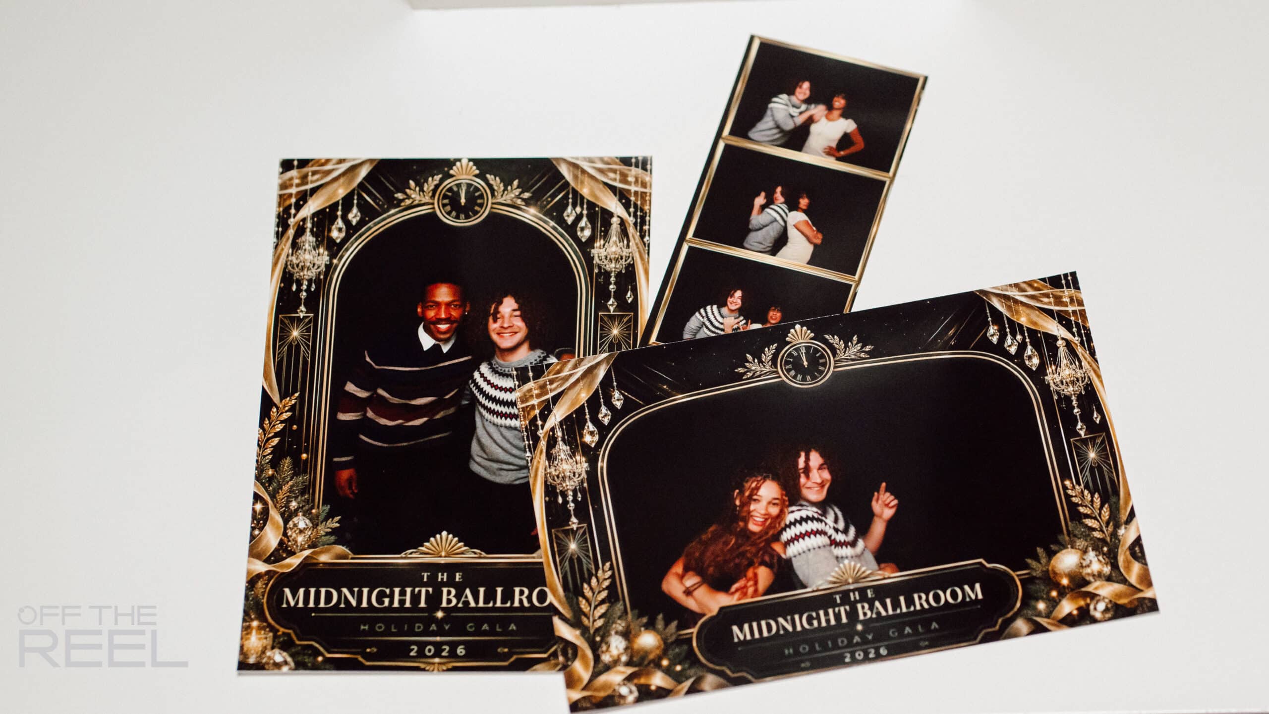 Dark photo prints with gold framing from corporate party photo booth